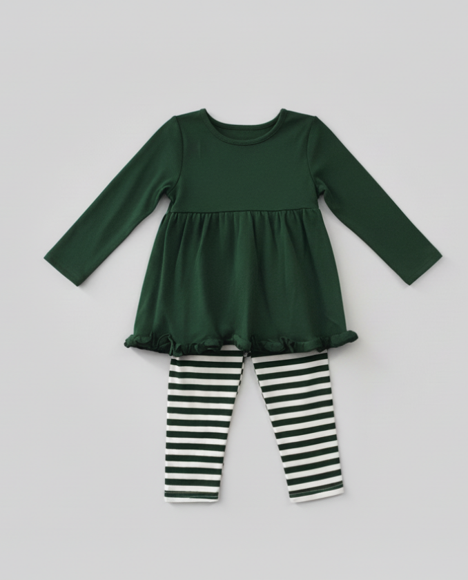 Girls’ Green Peplum Top & Stripe Leggings Set – Long Sleeve Boutique Outfit for Toddlers & Kids
