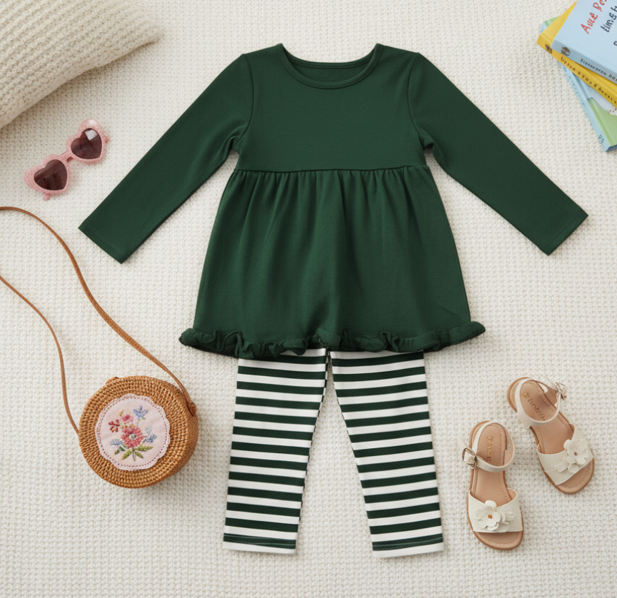 Girls’ Green Peplum Top & Stripe Leggings Set – Long Sleeve Boutique Outfit for Toddlers & Kids