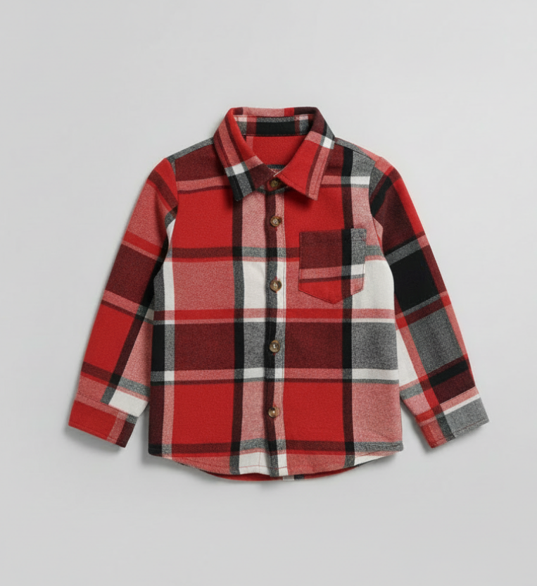 Boys’ Red & Black Plaid Flannel Shirt – Long Sleeve Button-Up with Chest Pocket for Fall & Holiday Wear