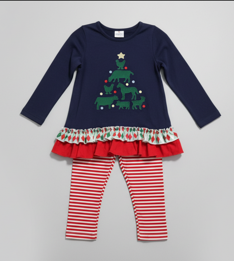 Girls’ Ruffled Christmas Tree Top & Striped Leggings Set – Farm Animal Holiday Outfit with Plaid Trim
