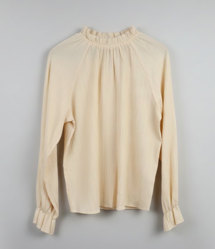 Women’s Crinkle Texture Long Sleeve Blouse – Cream Peasant Top with Elastic Neckline & Puff Sleeves