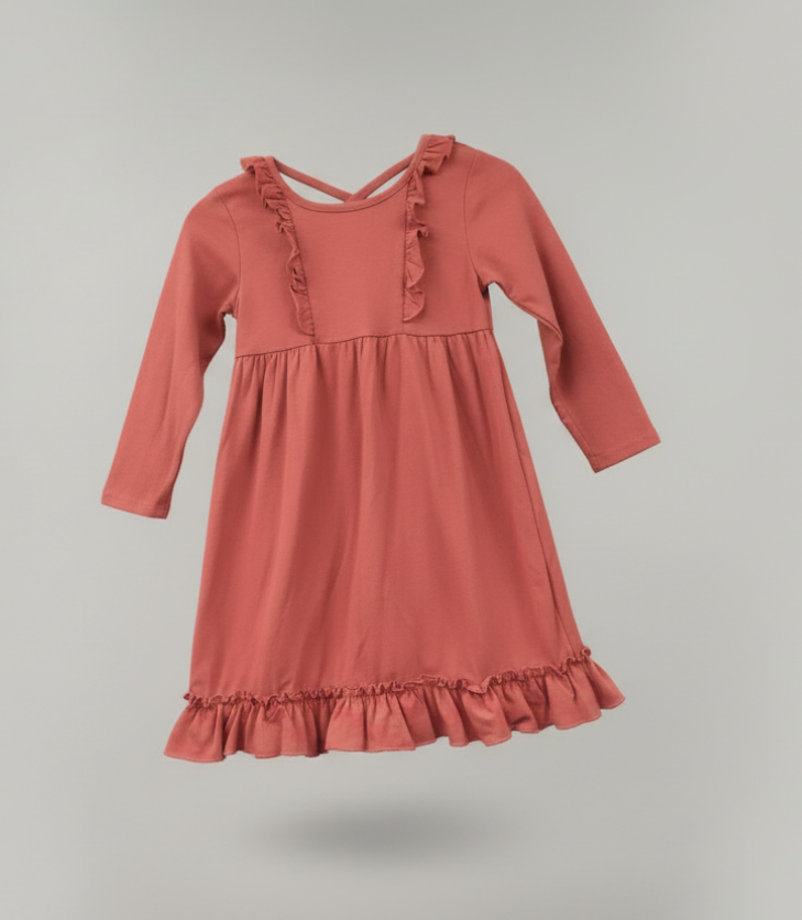 Girls’ Rust Ruffle Crossback Dress – Long Sleeve Boutique Fall Outfit with Soft Stretch Fabric