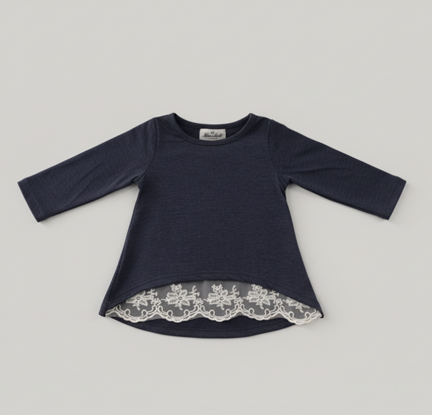 Girls’ Navy Lace Hem Swing Top – Long Sleeve Boutique Blouse for Fall & Everyday Styling
