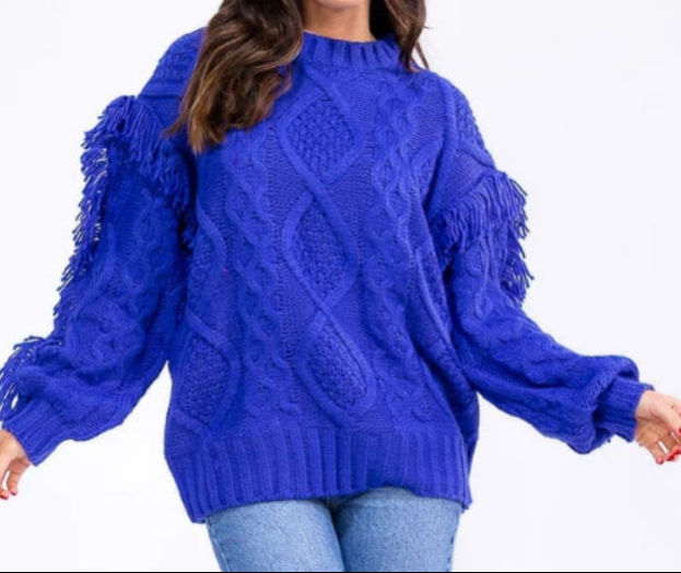 Fringe Cable Knit Pullover Sweater – Royal Blue Textured Knit with Braided Detail & Statement Sleeves