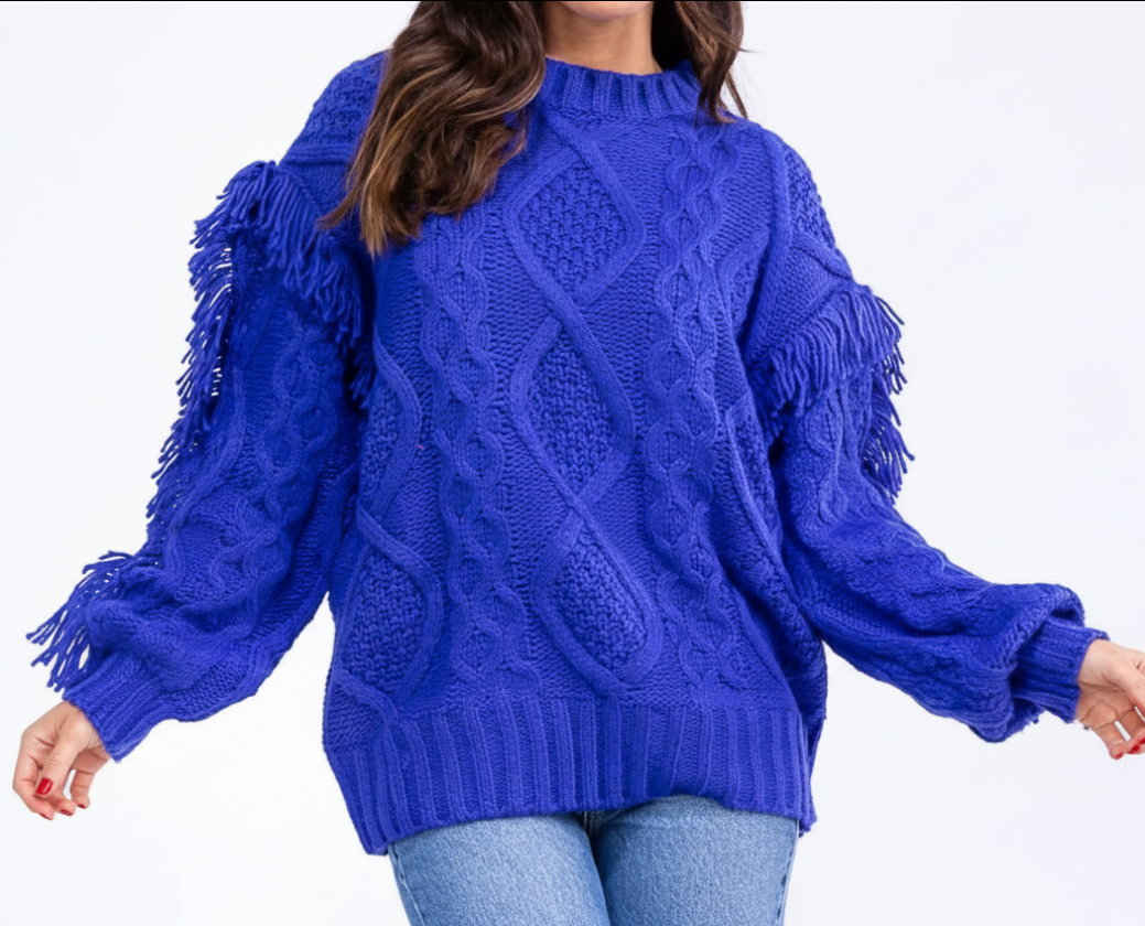 Fringe Cable Knit Pullover Sweater – Royal Blue Textured Knit with Braided Detail & Statement Sleeves