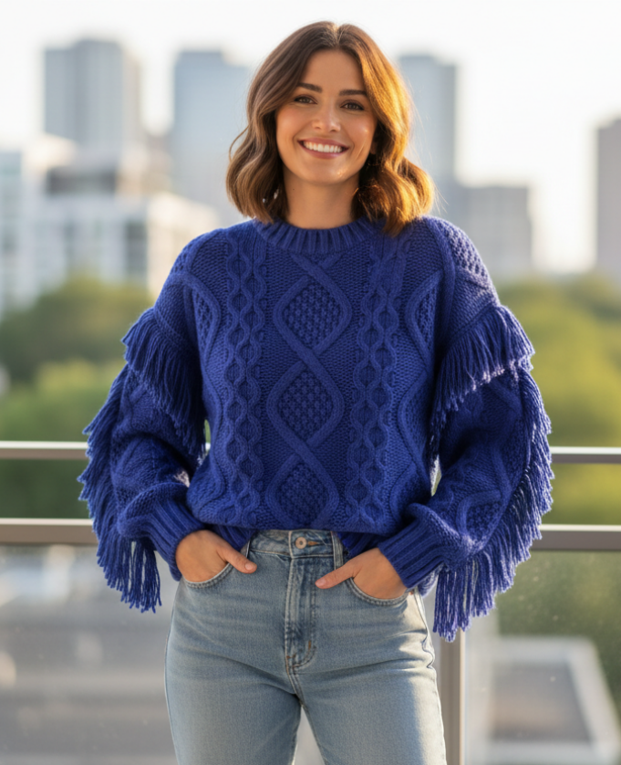 Fringe Cable Knit Pullover Sweater – Royal Blue Textured Knit with Braided Detail & Statement Sleeves