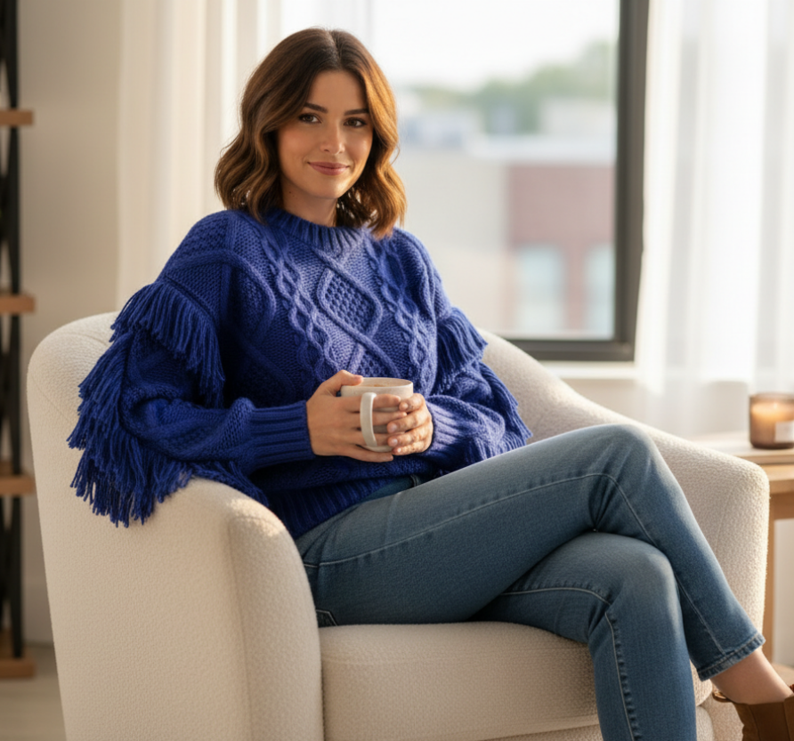 Fringe Cable Knit Pullover Sweater – Royal Blue Textured Knit with Braided Detail & Statement Sleeves