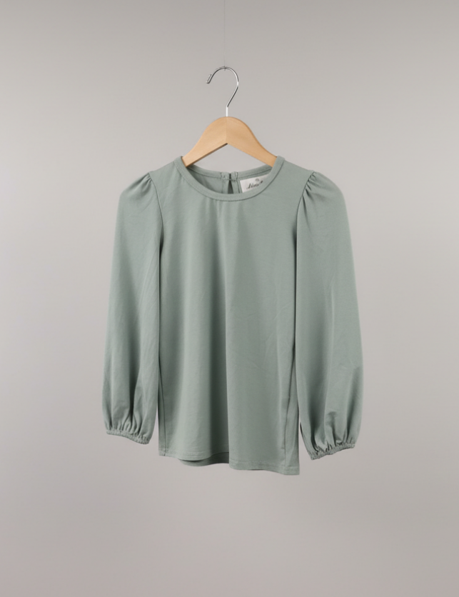 Mint Puff Sleeve Blouse – Satin Long Sleeve Top with Gathered Cuffs for Boutique Layering
