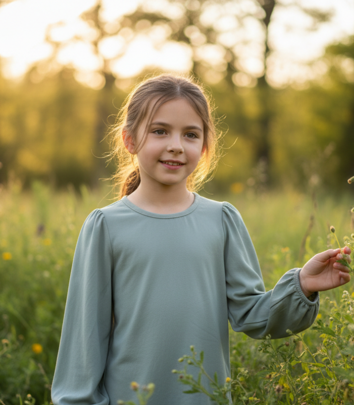 Mint Puff Sleeve Blouse – Satin Long Sleeve Top with Gathered Cuffs for Boutique Layering