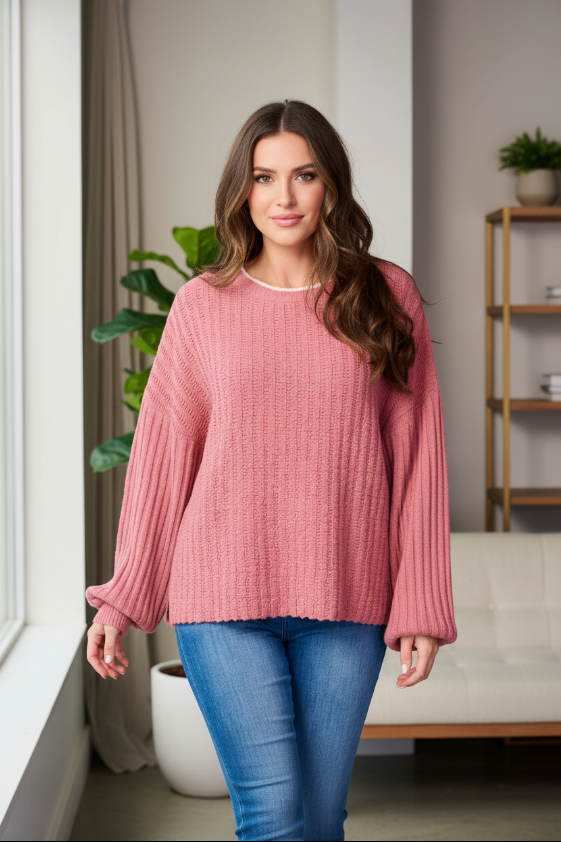 Rose Textured Knit Pullover Sweater – Soft Long Sleeve Cozy Top for Women’s Casual & Boutique Layering