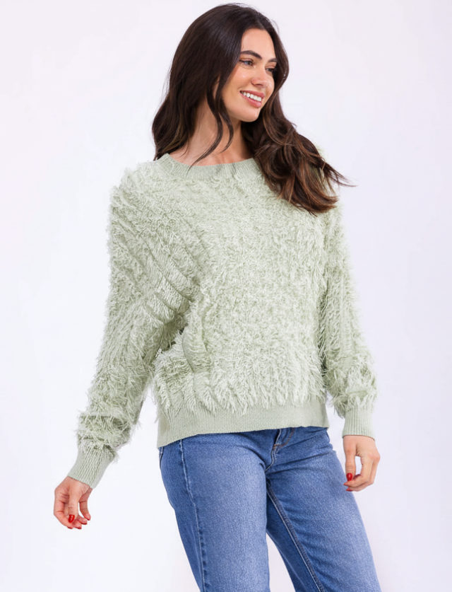 Sage Fuzzy Fringe Pullover Sweater – Textured Knit Long Sleeve Top for Women’s Boutique Fall & Winter Style