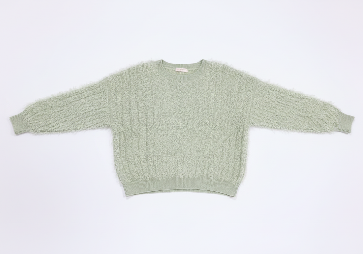 Sage Fuzzy Fringe Pullover Sweater – Textured Knit Long Sleeve Top for Women’s Boutique Fall & Winter Style