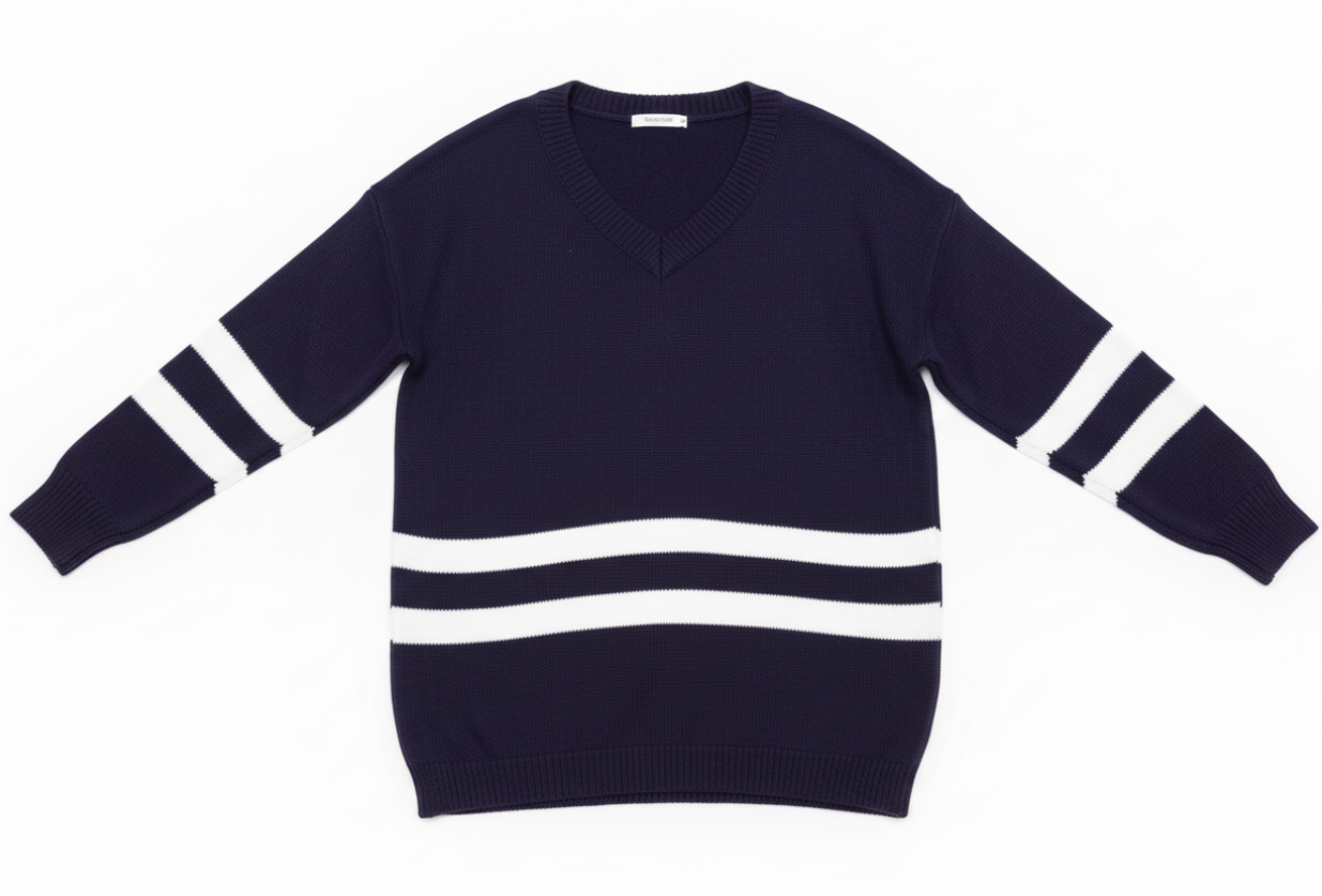 Navy V-Neck Striped Pullover Sweater – Oversized Long Sleeve Knit for Women’s Casual & Boutique Fall Style