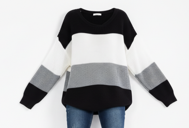 Neutral Colorblock Knit Sweater – Women’s Long Sleeve Pullover in Black, White & Gray Stripes
