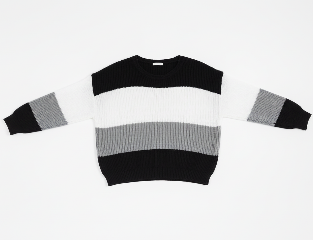 Neutral Colorblock Knit Sweater – Women’s Long Sleeve Pullover in Black, White & Gray Stripes