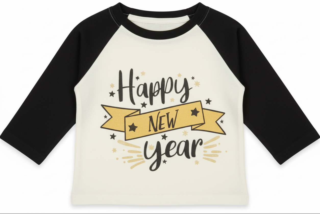 Happy New Year Raglan Shirt – Kids’ Black & White Long Sleeve Holiday Tee with Gold Star Print