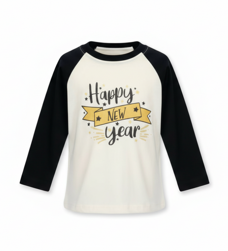 Happy New Year Raglan Shirt – Kids’ Black & White Long Sleeve Holiday Tee with Gold Star Print