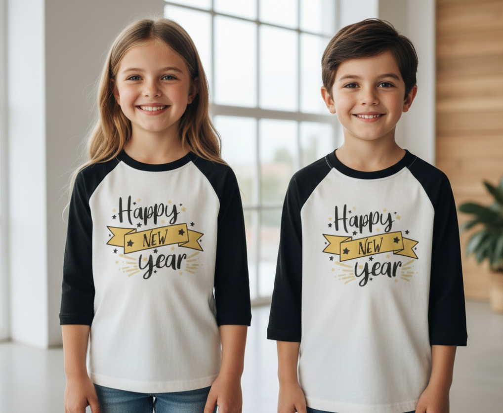 Happy New Year Raglan Shirt – Kids’ Black & White Long Sleeve Holiday Tee with Gold Star Print