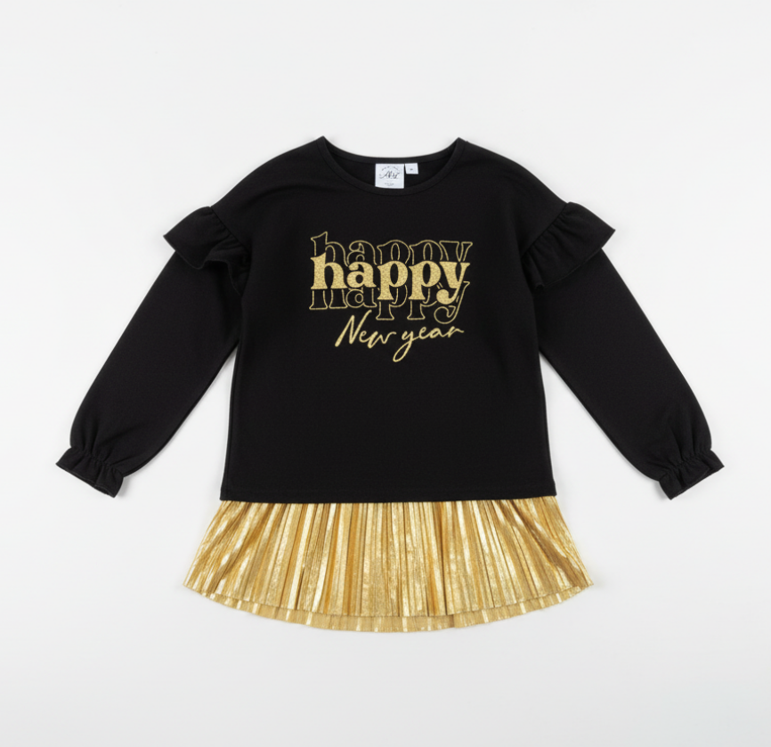 Gold Happy New Year Skirt Outfit – Girls’ Black Ruffle Sleeve Top & Pleated Metallic Skirt Set for Holiday Celebrations