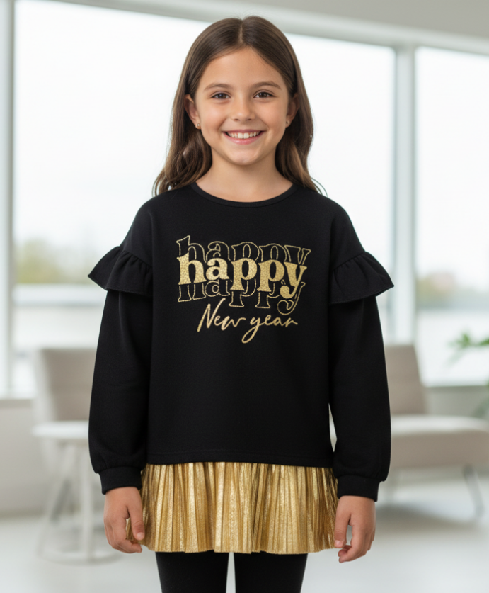 Gold Happy New Year Skirt Outfit – Girls’ Black Ruffle Sleeve Top & Pleated Metallic Skirt Set for Holiday Celebrations