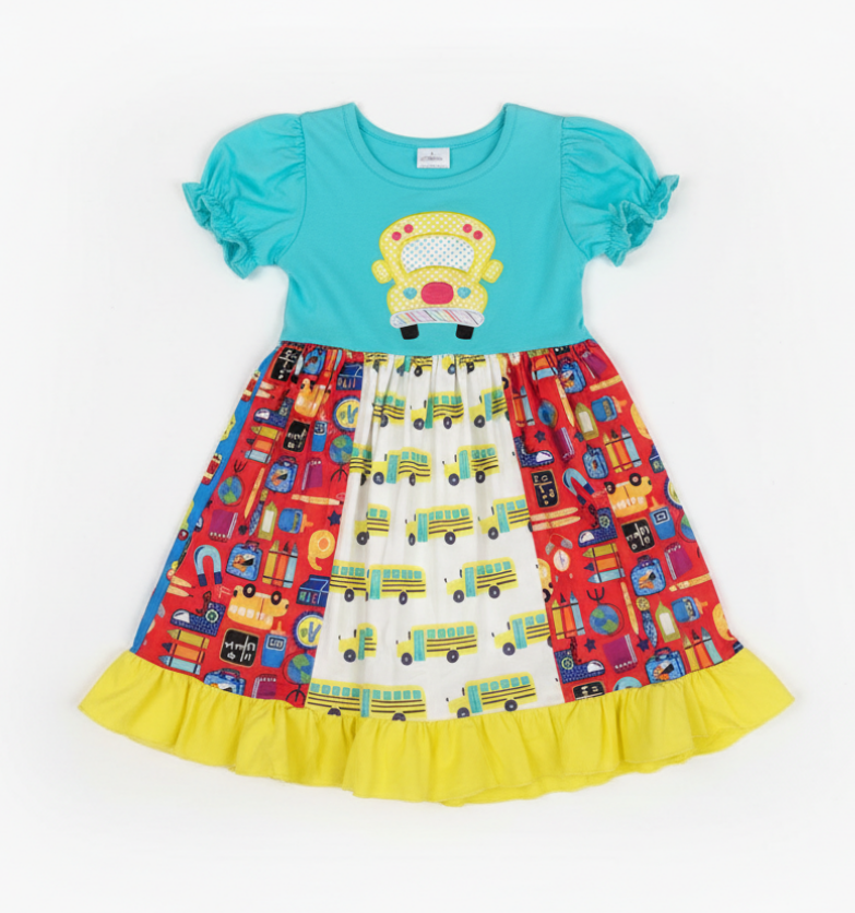 Back-to-School Patchwork Dress with School Bus Appliqué – Puff Sleeve Girls Outfit