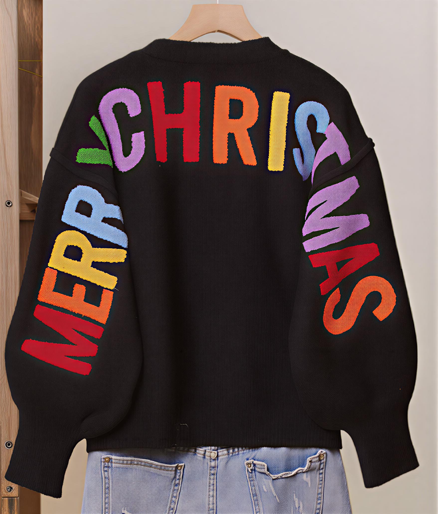 Merry Christmas Colorblock Sweater – Bold Holiday Knit with Multicolor Lettering