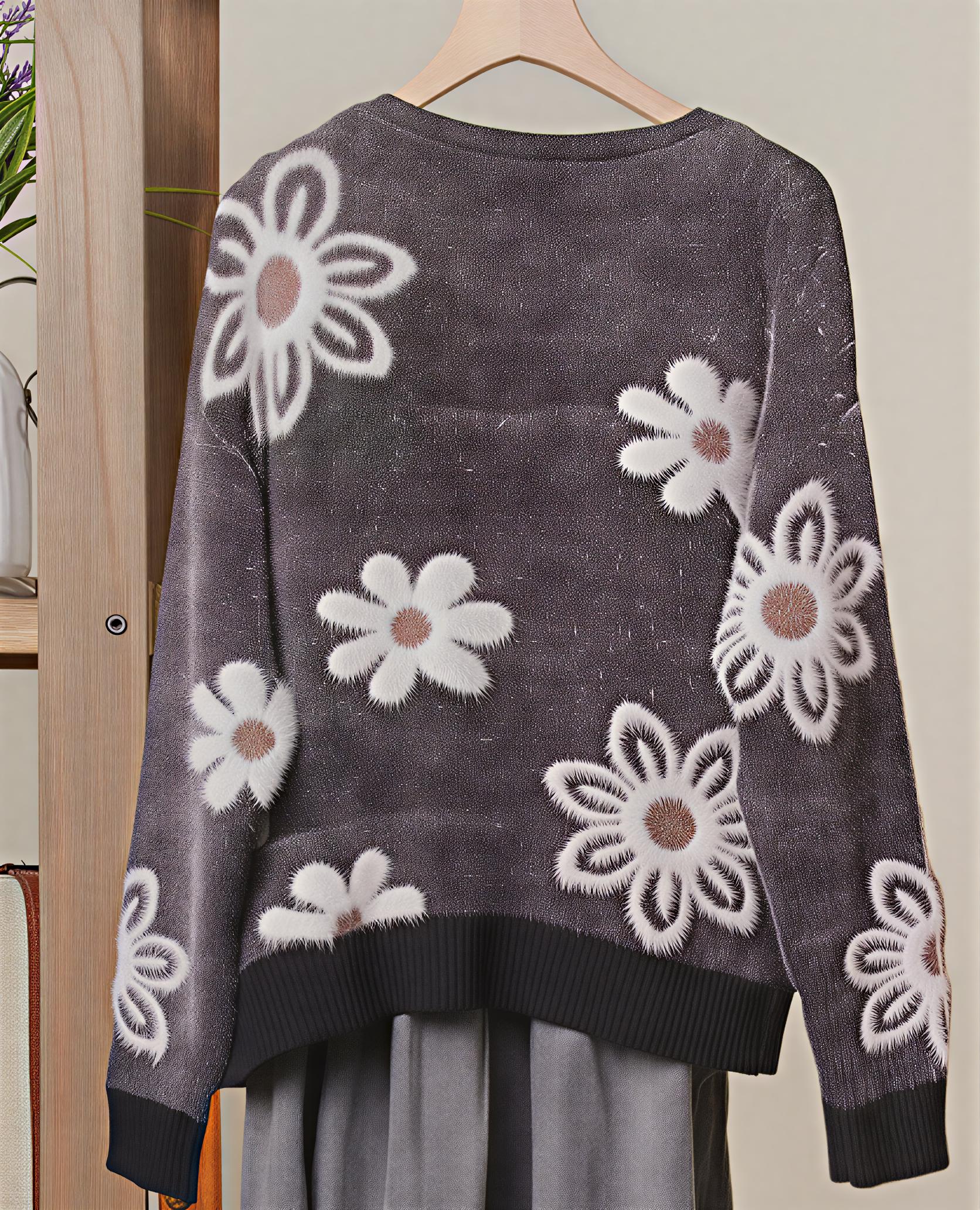 Daisy Pattern Fuzzy Knit Cardigan – Soft Floral Button-Up Sweater for Women