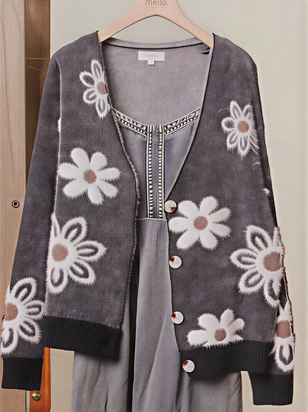Daisy Pattern Fuzzy Knit Cardigan – Soft Floral Button-Up Sweater for Women