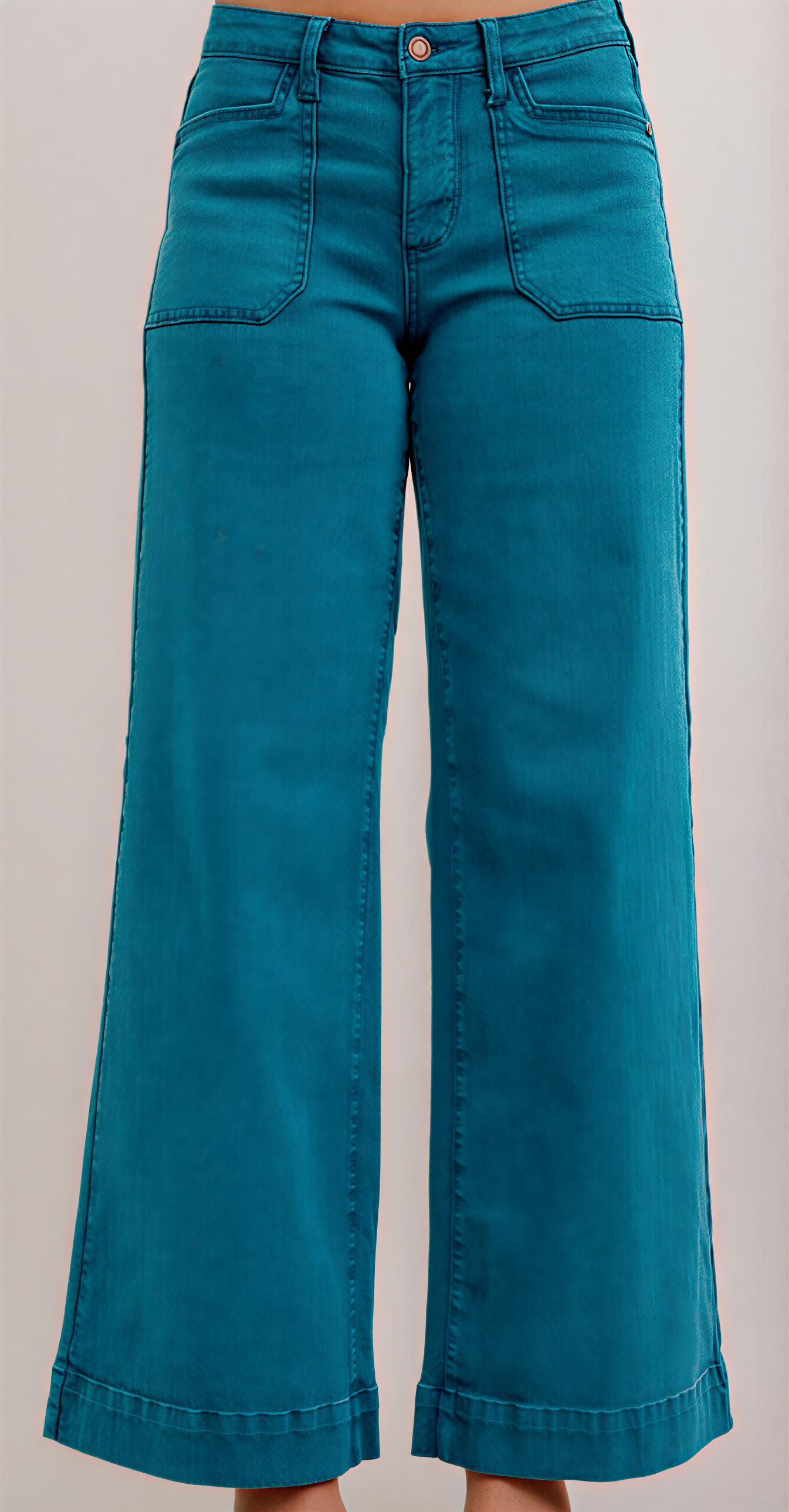 Judy Blue Teal Wide-Leg Jeans – High Waist Retro Denim with Patch Pockets & Flared Hem