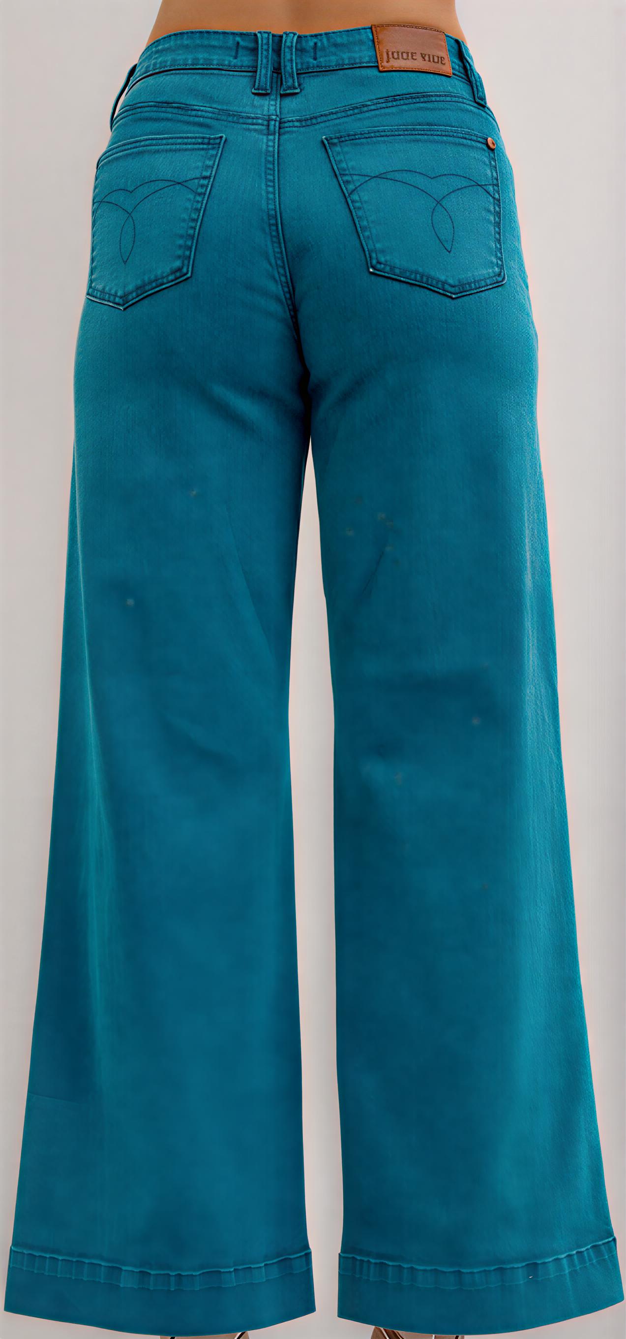 Judy Blue Teal Wide-Leg Jeans – High Waist Retro Denim with Patch Pockets & Flared Hem