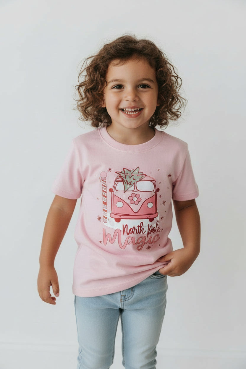 Girls’ “North Pole Magic” Christmas T-Shirt – Pink Holiday Tee with Festive Van & Tree Graphic