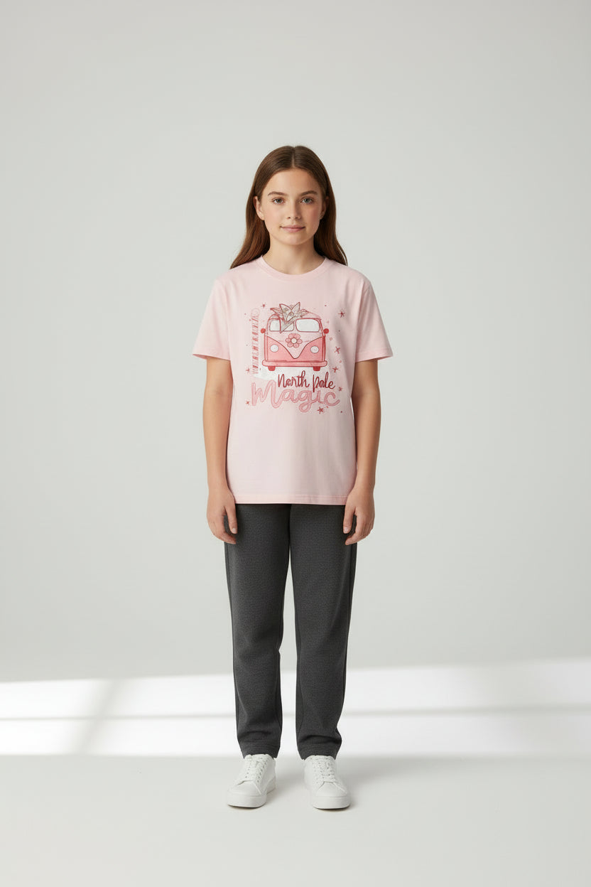 Girls’ “North Pole Magic” Christmas T-Shirt – Pink Holiday Tee with Festive Van & Tree Graphic