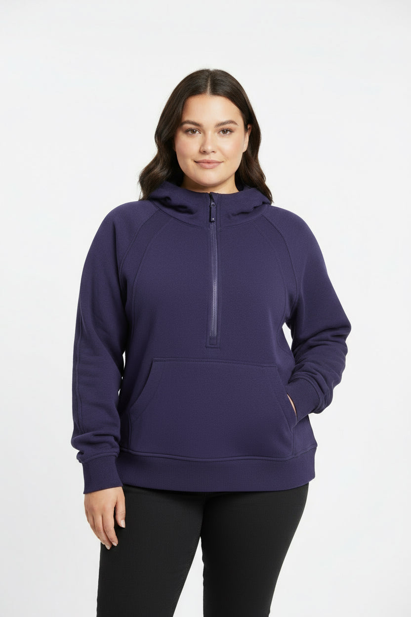 Woman wearing a purple hoodie on a white background