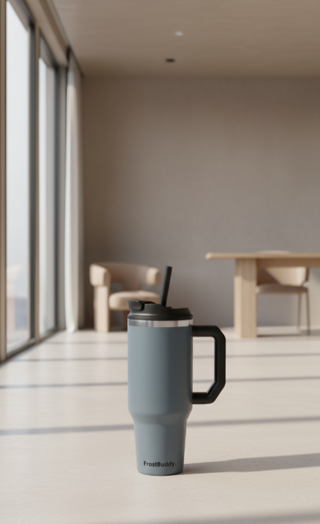 Blue travel mug with a black handle and straw lid on a light wooden floor.