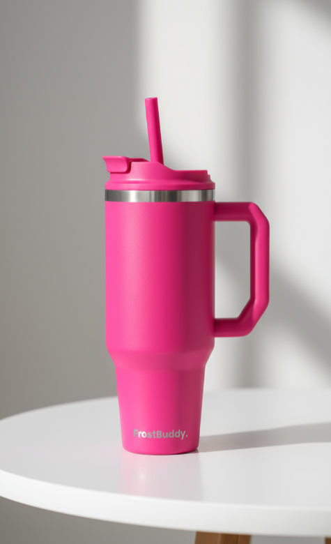 Pink insulated tumbler with a straw on a white surface