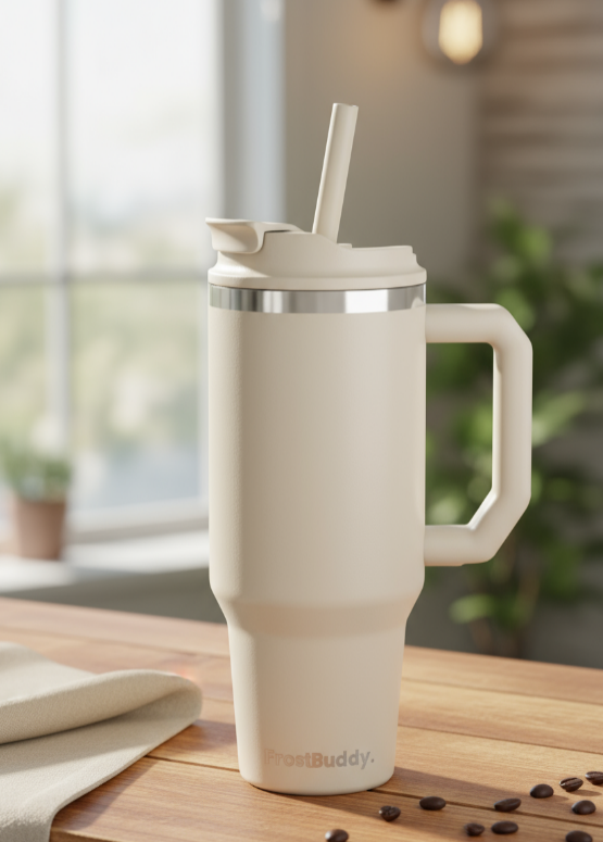 White travel mug with handle on a wooden table with a blurred background