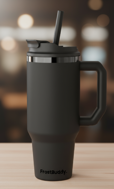 Black travel mug with handle and straw lid on a wooden surface, blurred lights in the background