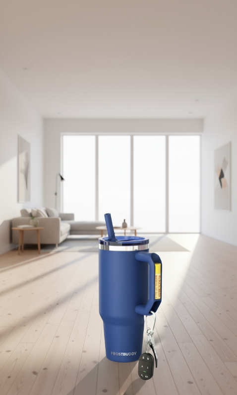Blue thermos with straw on a wooden floor in a bright room