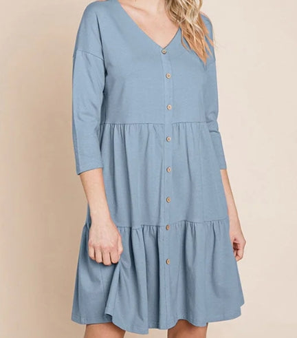 V-Neck Button Up Loose Fit Midi Dress