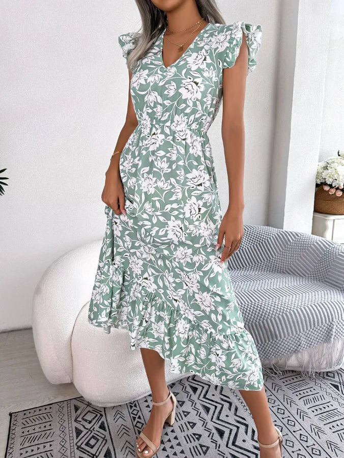 Floral Waist Midi Dress – Ruffled Sleeves, Lightweight Vacation Style in Soft Green
