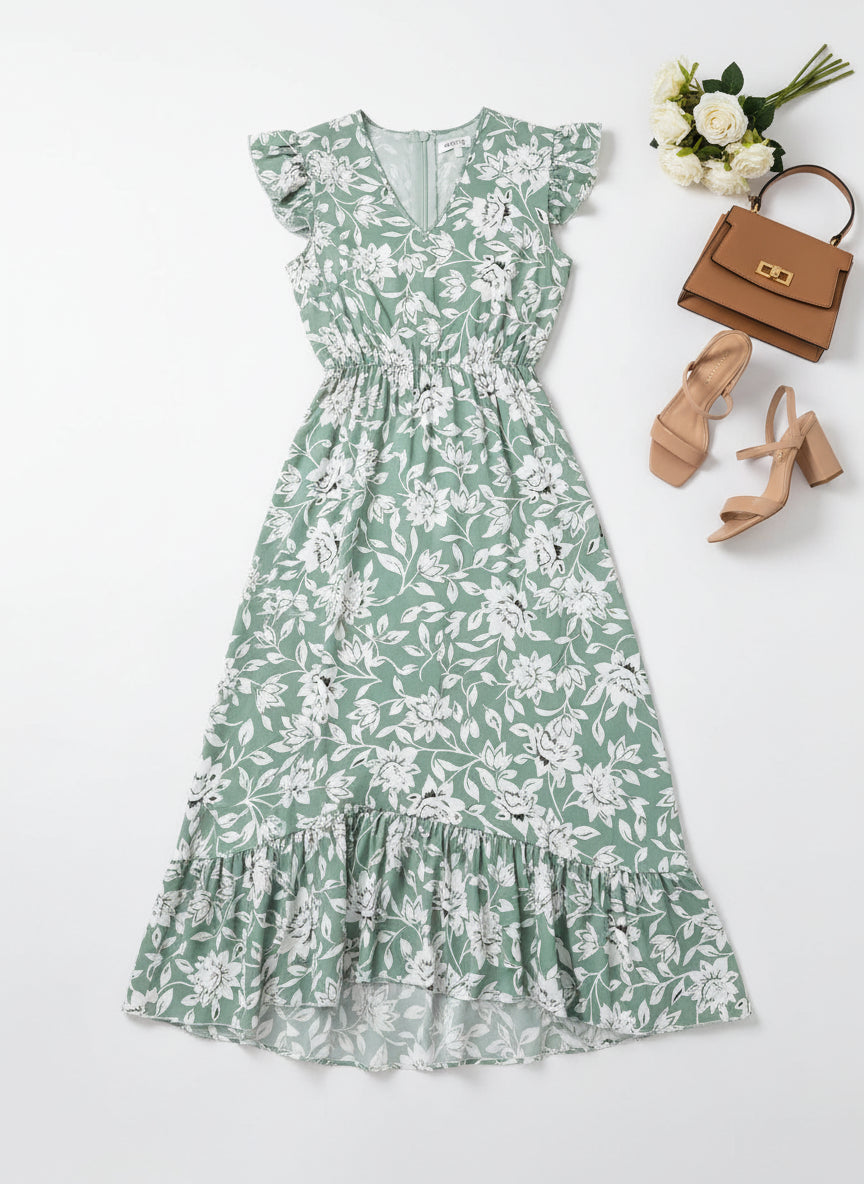 Woman wearing a green floral dress in a modern living room.