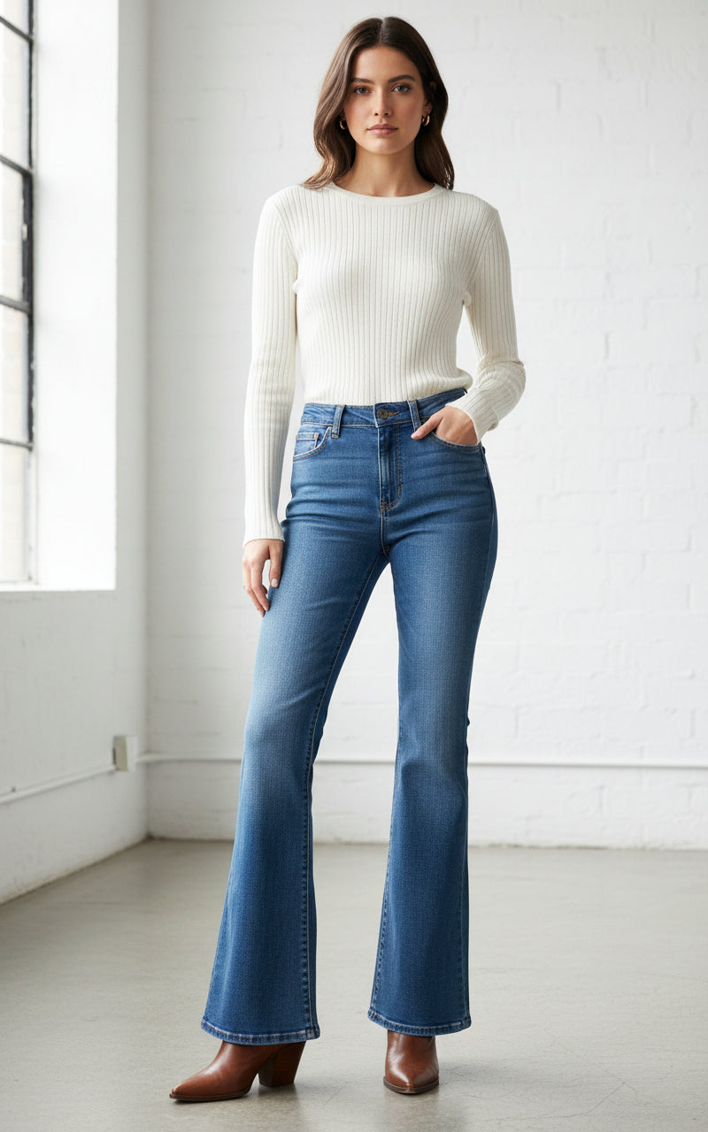 Blue denim skirt on a white background