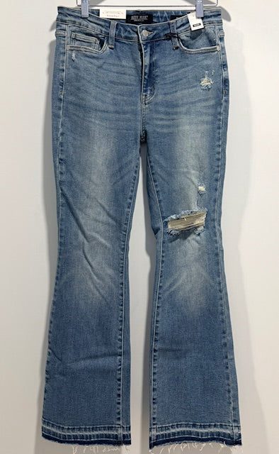 JB High-Rise Distressed Flare Jeans – Dark Wash with Frayed Hem & Stretch Fit