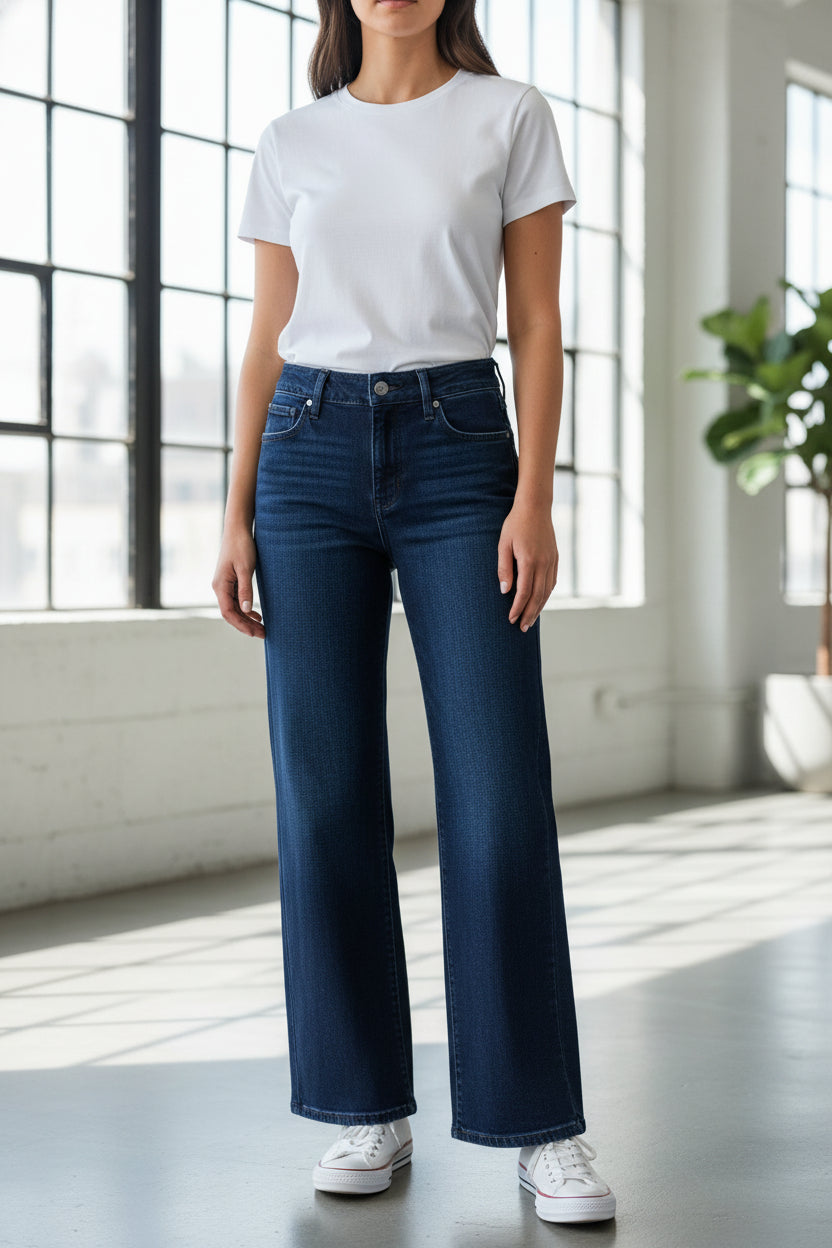 Pair of dark blue jeans on a hanger against a white background