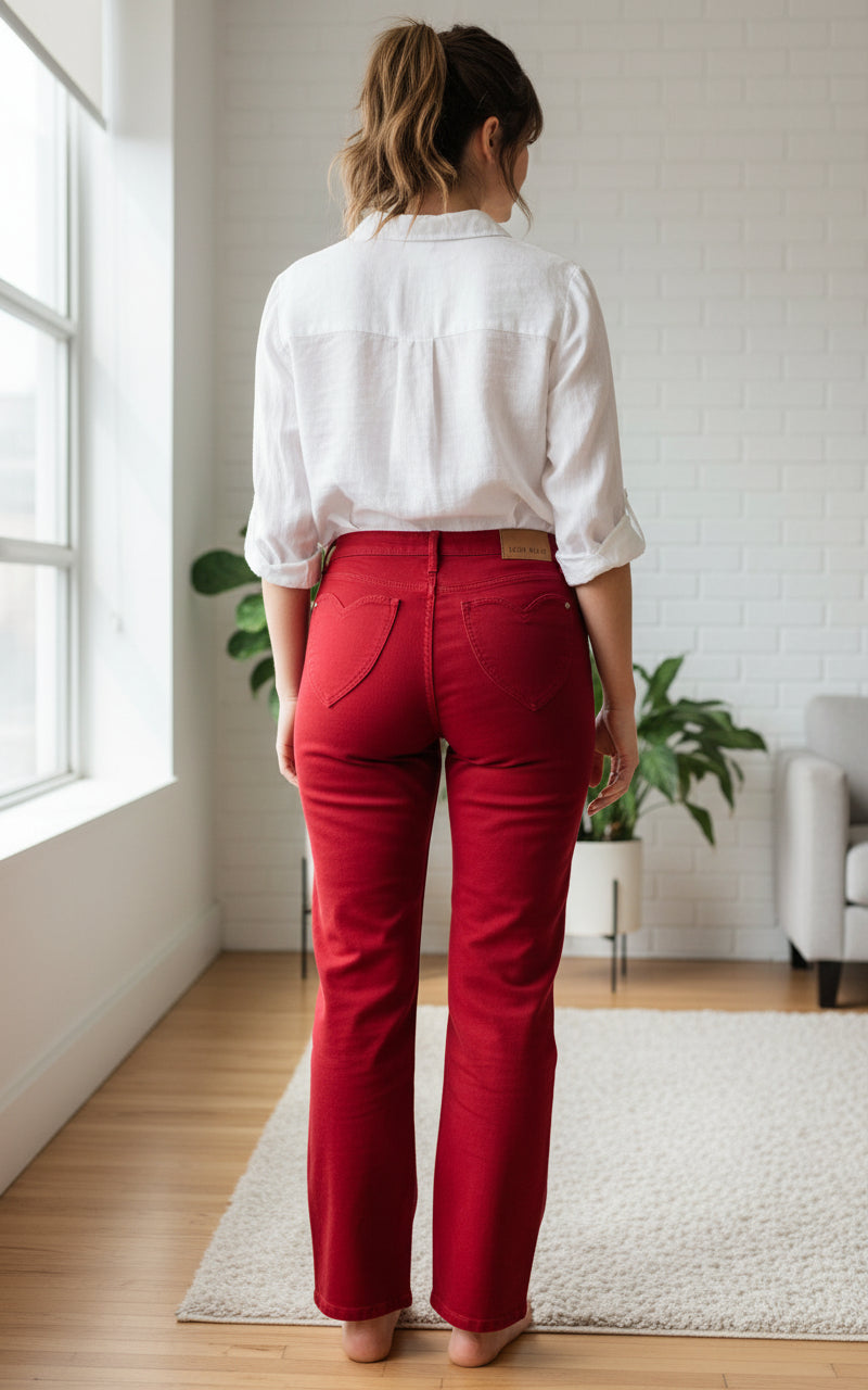 JB Red Straight-Leg Jeans – Heart Pocket Detail & Stretch Fit