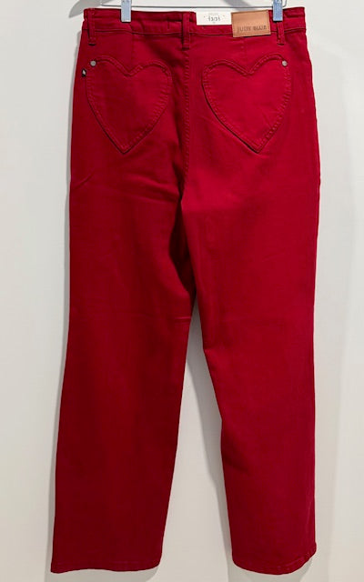 JB Red Straight-Leg Jeans – Heart Pocket Detail & Stretch Fit