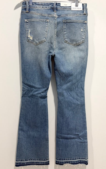 JB High-Rise Distressed Flare Jeans – Dark Wash with Frayed Hem & Stretch Fit