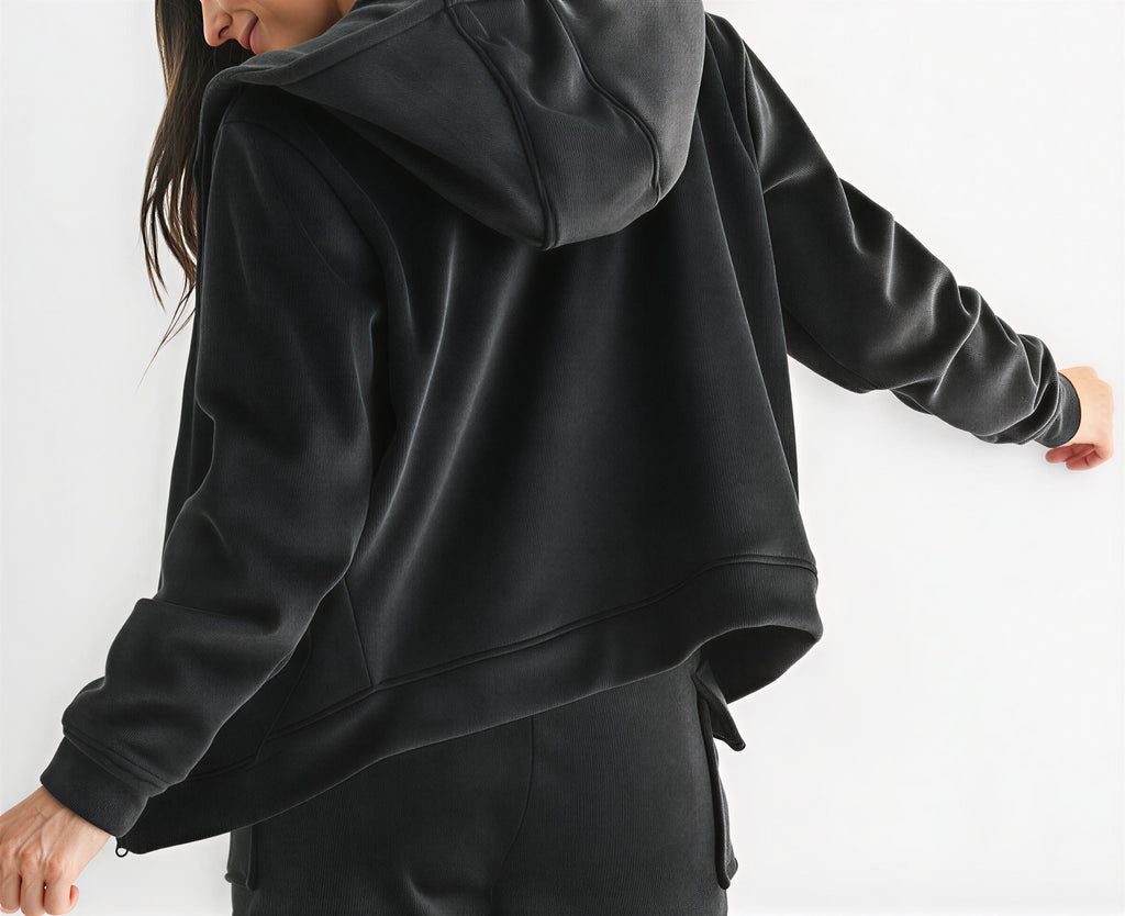 Women’s Soft Luxe Corduroy Zip-Up Hoodie – Brown/Black Ribbed Lounge Jacket with Drawstring & Pockets