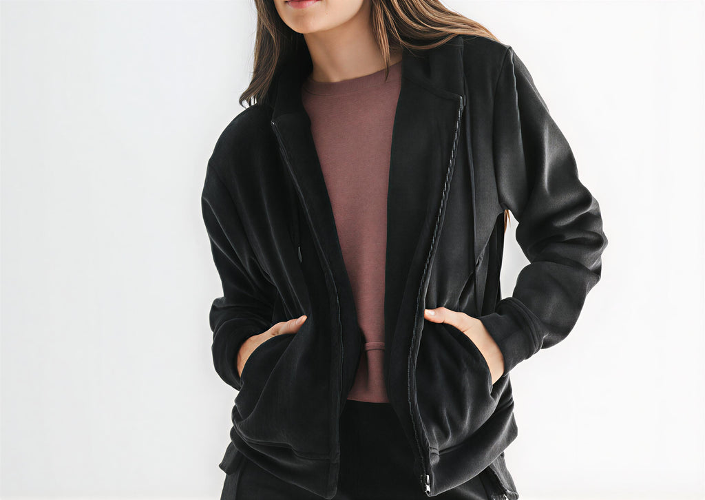 Women’s Soft Luxe Corduroy Zip-Up Hoodie – Brown/Black Ribbed Lounge Jacket with Drawstring & Pockets