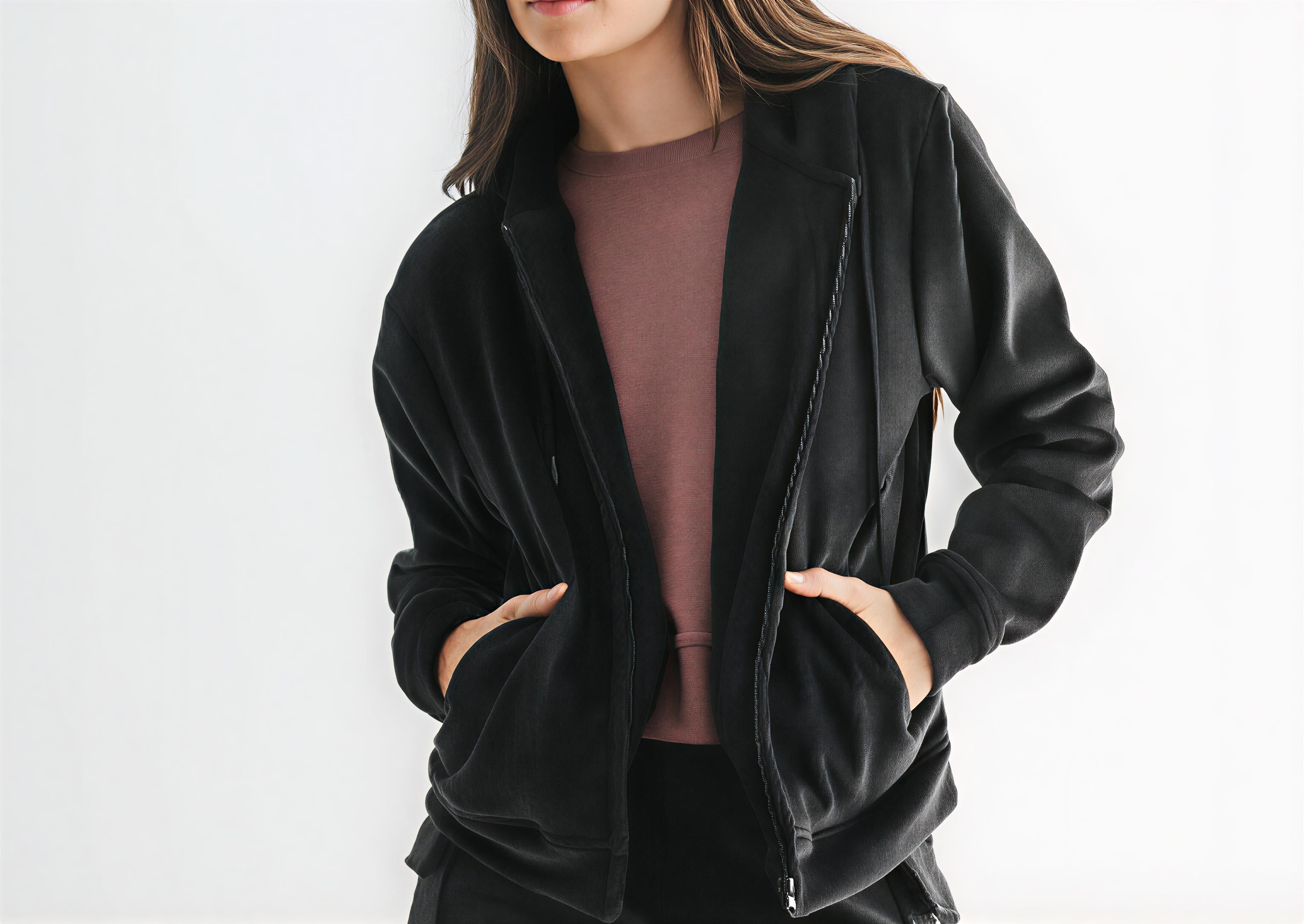 Women’s Soft Luxe Corduroy Zip-Up Hoodie – Brown/Black Ribbed Lounge Jacket with Drawstring & Pockets